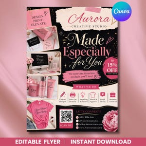 May include: A promotional flyer for Aurora Creative Studio featuring a black and pink color scheme. It displays text including Made Especially for You, service icons for custom designs and branding, a QR code, and contact details for the business.
