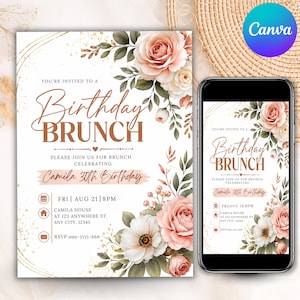 Puede incluir: Una tarjeta de invitación para un brunch de cumpleaños con rosas en acuarela color melocotón y blanco, follaje verde y detalles dorados. El texto dice: You're invited to a Birthday Brunch, Camila 30th Birthday, Fri Aug 21 8pm, Camila House at 123 Anywhere St, Any City, 12345, RSVP 999-5555-666.