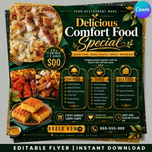 Peut inclure: Un dépliant de menu de restaurant intitulé Delicious Comfort Food Special présentant des images de poulet frit, de macaronis au fromage et de pain de maïs. Le design vert foncé inclut des sections pour les plats, les accompagnements et les desserts.