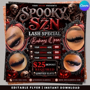 May include: A digital flyer template featuring the text SPOOKY SZN LASH SPECIAL, with four circular frames displaying close-up images of eyelashes. The design includes skull illustrations, red and black color schemes, and pumpkin graphics.