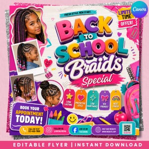 Back to School Hair Flyer, Braid Special Flyer Template, Kids Braids Promotion, Hair Stylist Marketing, DIY Text, Instant Downloa