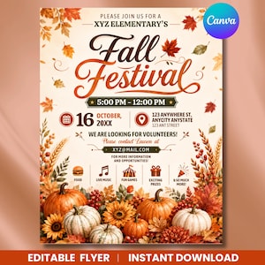 May include: A flyer for XYZ Elementary's Fall Festival on October 16th from 5:00 PM to 12:00 PM. The design features autumn leaves, pumpkins, sunflowers, and icons for food, music, games, and prizes. Text includes location details and a volunteer contact email.