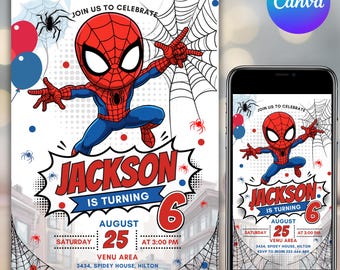 Bewerkbare Spider-Man verjaardagskaart, Spidey kinderfeestkaart, superhelden Canva-sjabloon, direct digitaal te downloaden, printbare feestuitnodiging