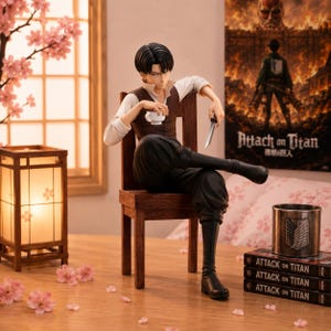 Könnte beinhalten: Eine Anime-Sammelfigur mit schwarzen Haaren, bekleidet mit einem weißen Hemd, einer braunen Weste und einer schwarzen Hose, die auf einem Holzstuhl sitzt. Die Figur hält eine kleine weiße Teetasse und eine silberne Klinge, daneben liegen drei Bücher mit dem Titel Attack on Titan.