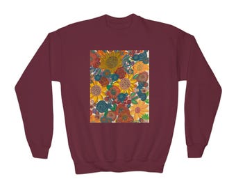 Youth Floral Sweatshirt | Colorful Sunflower Crewneck | Botanical Kids Sweatshirt | Whimsical Flower Pullover | Cozy Unisex Youth Gift