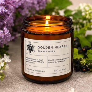 Peut inclure: Une bougie cylindrique en verre ambré avec une étiquette blanche portant l'inscription GOLDEN HEARTH SUMMER FLORA, mentionnant des notes botaniques de lilas français et de cassis, ainsi qu'un mélange de cire de coco, d'abricot et de soja de 226,8 g.