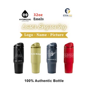 May include: Four 946ml HydroJug Ease20 bottles in black, olive green, dark blue, and red. Each features custom laser engraving: a tent with 'est. 2017', 'A/O King', a firefighter helmet graphic with 'MADHOUSE 73', and the word 'MOM'.