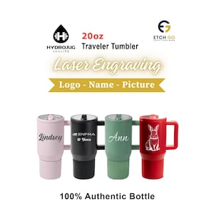 May include: Four 591ml HydroJug Traveler tumblers in light pink, black, sage green, and red. Each features a handle, lid, and laser engraving: 'Lindsey', 'ENFRA 10 Years', 'Ann', and a rabbit graphic. Text includes '20oz Traveler Tumbler' and '100% Authentic Bottle'.