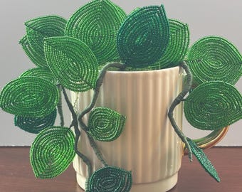 French Beaded Pothos Plant | Blush & Brass Collection | Handmade Faux Houseplant in Ceramic Mug