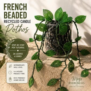 French Beaded Pothos PDF Pattern | Seed Bead Plant Tutorial for a Recycled Candle Jar