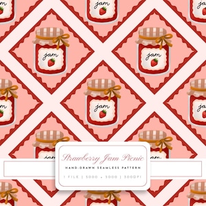 Strawberry Jam Seamless Pattern, Retro Picnic Digital Paper, Hand Drawn Cottagecore JPG, 300 DPI