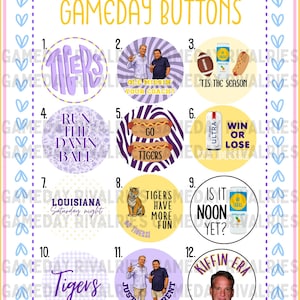 May include: A collection of twelve circular buttons arranged in a grid, titled GAMEDAY BUTTONS. The designs feature various graphics including text, footballs, hot dogs, beverage cans, and photographs of people, all set against a white background.