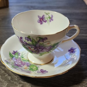 Vintage Gladstone Bone China England Teacup Saucer White Purple Dainty Flowers