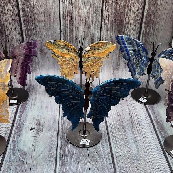 Butterly Wings on Metal Stand Purple Fluorite Lapis Lazuli Golden Healer Amethyst Crazy Lace Agate Blue Apatite