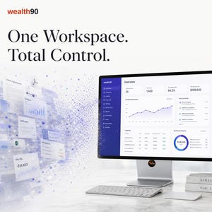 May include: A computer monitor displaying a software dashboard with the text wealth90, One Workspace. Total Control. The screen shows data analytics, charts, and a list of properties. Floating digital documents and icons appear to the left of the screen.