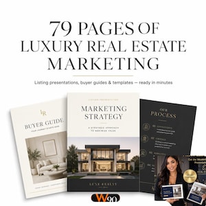 May include: A digital marketing bundle for real estate featuring 79 pages of templates. The documents include a buyer guide, a marketing strategy presentation with a modern house image, and a process outline. The text reads 79 PAGES OF LUXURY REAL ESTATE MARKETING.