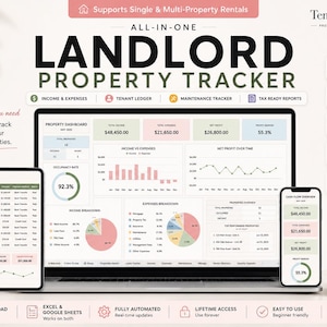 May include: An all-in-one landlord property tracker spreadsheet template displayed on a laptop, tablet, and smartphone. The interface features dashboards, income and expense charts, tenant ledgers, and tax-ready reports with a 22-tab system.