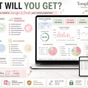 May include: A digital rental property management spreadsheet template displayed on a laptop, tablet, and smartphone. The interface features property trackers, financial dashboards, tax reports, and automated calculations with 22 tabs for tracking income, expenses, and occupancy rates.