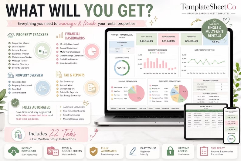May include: A digital rental property management spreadsheet template displayed on a laptop, tablet, and smartphone. The interface features property trackers, financial dashboards, tax reports, and automated calculations with 22 tabs for tracking income, expenses, and occupancy rates.