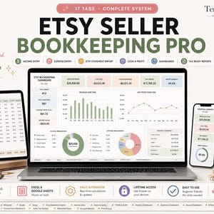 May include: A digital bookkeeping spreadsheet template for Etsy sellers displayed on a laptop, tablet, and smartphone. The screen shows financial dashboards with charts, graphs, and tables for tracking income, expenses, and profit, featuring the text Etsy Seller Bookkeeping Pro.