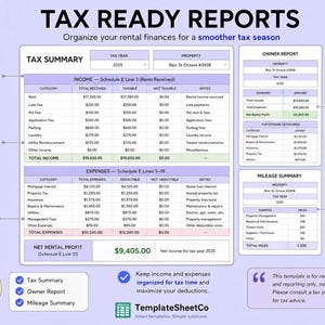 May include: A digital tax ready report template for rental finances featuring a tax summary table, owner report, and mileage summary. The document includes sections for income, expenses, and net rental profit with columns for categories, totals, and notes.