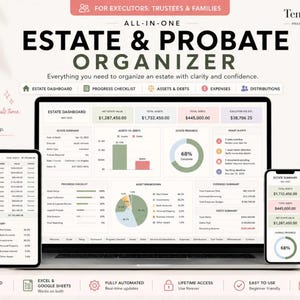 May include: An all-in-one estate and probate organizer spreadsheet template displayed on a laptop, tablet, and smartphone. The screens show an estate dashboard with financial charts, asset breakdowns, progress checklists, and expense summaries.