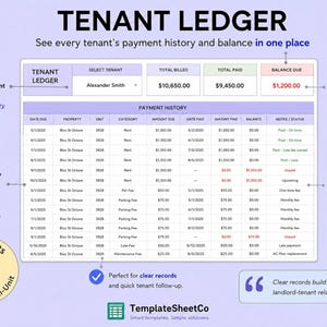 May include: A digital Tenant Ledger spreadsheet template featuring a payment history table with columns for date due, property, unit, category, amount due, date paid, amount paid, balance, and notes. The layout includes summary boxes for total billed, total paid, and balance due.