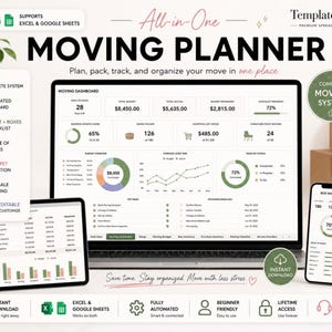 Op de afbeelding: Een digitale verhuisplanner-sjabloon voor Excel en Google Sheets weergegeven op een laptop, tablet en smartphone. Het dashboard bevat grafieken, budgettrackers en checklists voor het organiseren van een verhuizing met de tekst Moving Planner.