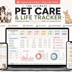 May include: A digital pet care and life tracker spreadsheet template displayed on a laptop and two smartphones. The interface features tabs for health, appointments, expenses, and diet. Illustrations of a dog, cat, and rabbit are included.