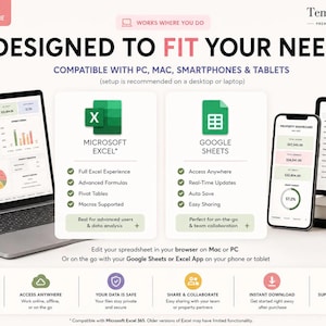 May include: A digital product advertisement for spreadsheet templates featuring a laptop, smartphone, and tablet displaying financial dashboards. Text includes "DESIGNED TO FIT YOUR NEEDS," "MICROSOFT EXCEL," and "GOOGLE SHEETS" with compatibility icons.