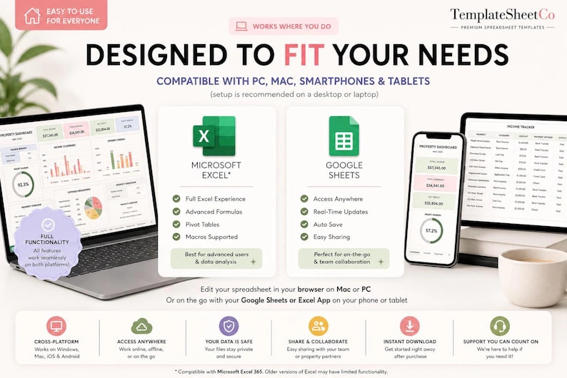 May include: A digital product advertisement for spreadsheet templates featuring a laptop, smartphone, and tablet displaying financial dashboards. Text includes "DESIGNED TO FIT YOUR NEEDS," "MICROSOFT EXCEL," and "GOOGLE SHEETS" with compatibility icons.