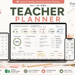 May include: An all-in-one digital teacher planner displayed on a laptop, tablet, and smartphone screen. The interface features a classroom dashboard with attendance, grade, and student tracking metrics. The design includes 15 tabs for planning.