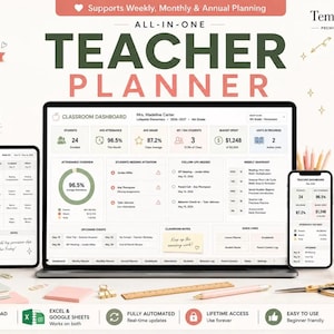 May include: An all-in-one digital teacher planner displayed on a laptop, tablet, and smartphone screen. The interface features a classroom dashboard with student data, attendance, grades, and lesson planning tools. The design uses a soft colour palette.