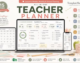 Teacher Planner Google Sheets & Excel | Digital Classroom Organizer, Gradebook, Attendance Tracker | Editable Undated Spreadsheet