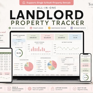 May include: An all-in-one landlord property tracker spreadsheet template displayed on a laptop, tablet, and smartphone. The interface features dashboards, income and expense tracking, tenant ledgers, maintenance logs, and tax-ready reports.