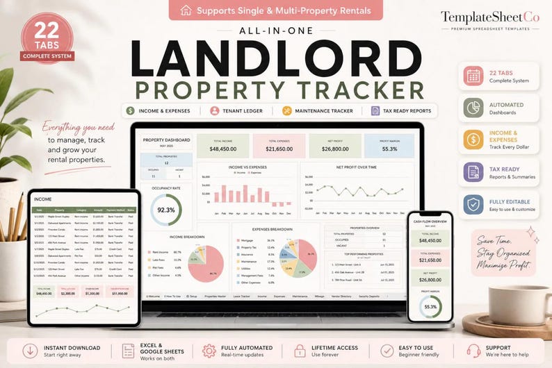 May include: An all-in-one landlord property tracker spreadsheet template displayed on a laptop, tablet, and smartphone. The interface features dashboards, income and expense tracking, tenant ledgers, maintenance logs, and tax-ready reports.