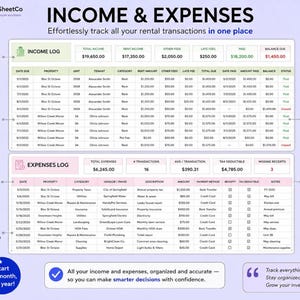 May include: A digital income and expenses spreadsheet template for rental property management. The layout features an Income Log and an Expenses Log with columns for dates, properties, tenants, categories, and financial totals in US dollars.