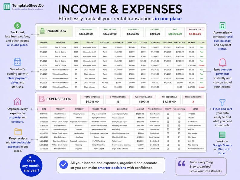 May include: A digital income and expenses spreadsheet template for rental property management. The layout features an Income Log and an Expenses Log with columns for dates, properties, tenants, categories, and financial totals in US dollars.