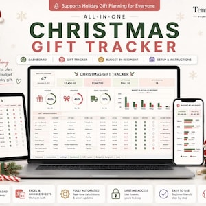 May include: An all-in-one Christmas gift tracker spreadsheet template displayed on a laptop, tablet, and smartphone. The interface features a dashboard with budget tracking, gift status, and recipient lists. The design includes festive holiday graphics.