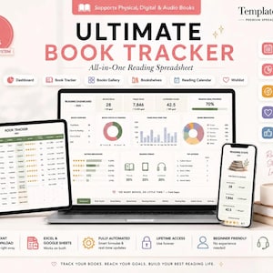 May include: A digital book tracker spreadsheet displayed on a laptop, tablet, and smartphone. The interface features charts, reading statistics, and tabs for tracking books, reading goals, and bookshelves. Text includes Ultimate Book Tracker.