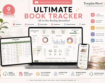Hoja de cálculo para el seguimiento de libros / Diario de lectura, estantería digital y lista de deseos / Google Sheets y Excel