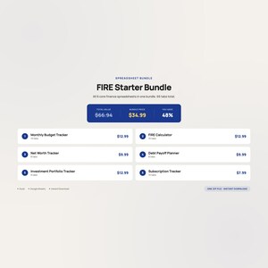 May include: A digital spreadsheet bundle titled FIRE Starter Bundle containing six finance trackers: Monthly Budget Tracker, FIRE Calculator, Net Worth Tracker, Debt Payoff Planner, Investment Portfolio Tracker, and Subscription Tracker.