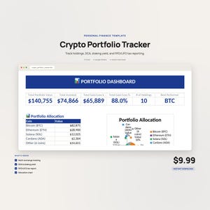 May include: A digital crypto portfolio tracker template featuring a dashboard with a blue header, a table displaying total portfolio value, invested amount, gain/loss, and a pie chart for portfolio allocation. Text includes Crypto Portfolio Tracker.