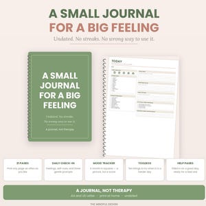 May include: A spiral-bound journal with a sage green cover featuring the white text A SMALL JOURNAL FOR A BIG FEELING. The interior page includes sections for daily check-ins, mood tracking, and a toolbox. The layout is undated and includes 21 pages.