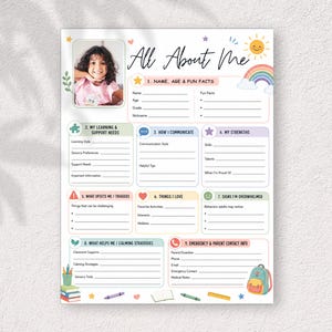 May include: A printable All About Me information sheet featuring a photo placeholder, nine sections for personal details, learning needs, communication, strengths, triggers, interests, calming strategies, and contact info with colorful icons.