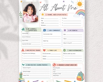 May include: A printable All About Me information sheet featuring a photo placeholder, nine sections for personal details, learning needs, communication, strengths, triggers, interests, calming strategies, and contact info with colorful icons.