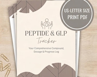 May include: A Peptide & GLP-1 Health Journal Tracker in US-letter size print PDF format. The cover features a beige background with brown leaf-patterned borders, a central heart-in-hands icon, and the text Peptide & GLP Tracker, Your Comprehensive Compound, Dosage & Progress Log, and Daily & Weekly Health Journal Minimalist Edition.