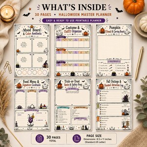 May include: A Halloween master planner set featuring 30 pages of printable templates. The pages include sections for a mood board, costume and outfit organizer, pumpkin carving, food and cocktail menus, trick-or-treat routes, and fall outing logs.