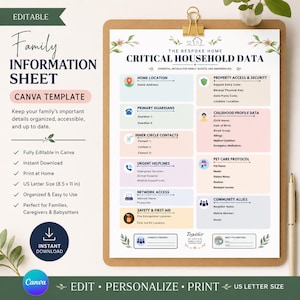 K&ouml;nnte beinhalten: Eine druckbare Vorlage f&uuml;r ein Familieninformationsblatt auf einem Klemmbrett mit Abschnitten f&uuml;r Wohnort, Erziehungsberechtigte, Kontakte, Notrufnummern, Netzwerkzugang, Sicherheit, Kinderprofile, Haustierpflege und Nachbarschaftshilfe.