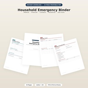 Op de afbeelding: Een 24-pagina tellende, printbare PDF-map voor huishoudelijke noodgevallen met witte vellen en zwarte tekst. Zichtbare pagina's bevatten een formulier voor noodcontacten, een medicatietracker en een evacuatieplan met selectievakjes en tabellen.